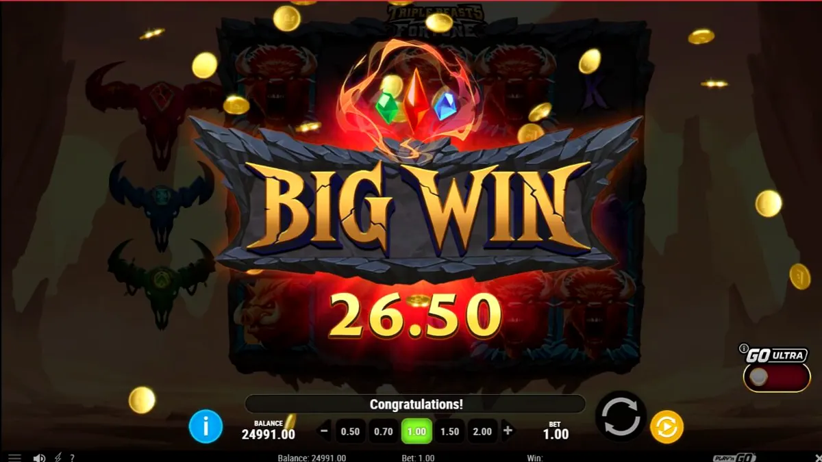Tampilan visual slot Triple Beasts of Fortune dengan latar belakang ngarai dan simbol hewan purba.